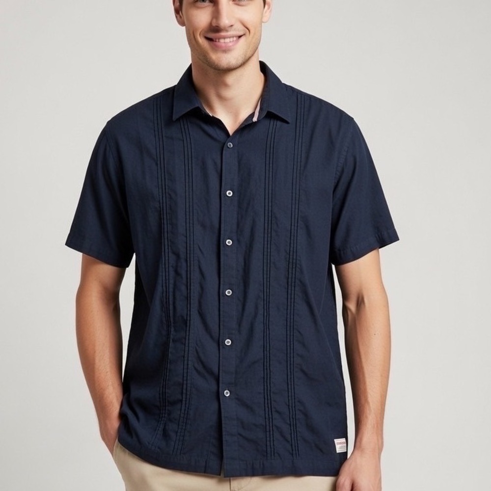 Scotch & Soda Mens XXL‎ Navy Blue Pintuck Short Sleeve Guayabera Shirt 1860911